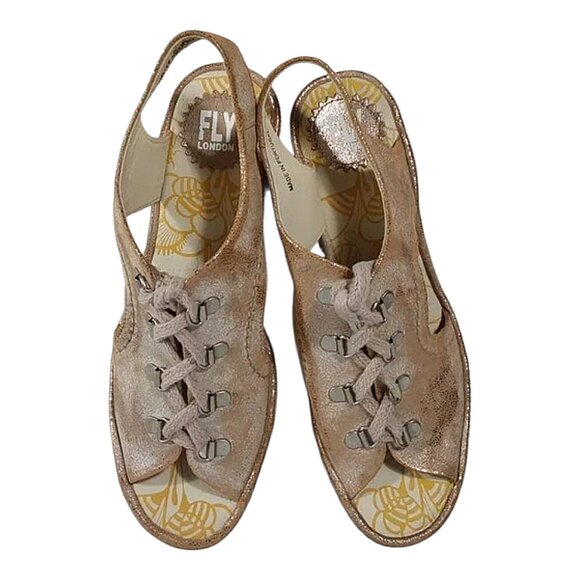 Fly London Yifa Leather Lace-up Wedge Sandals Metallic Taupe Good Cond - 39 - Picture 5 of 10